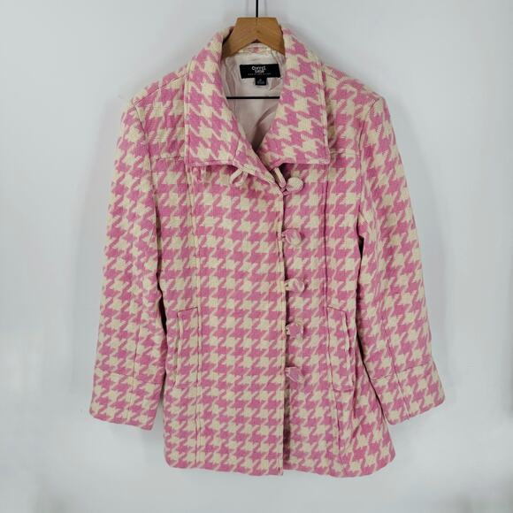 Coffee Shop Pink Cream Houndstooth Wool Blend Coat Off Center Buttons Size XL - Picture 7 of 7